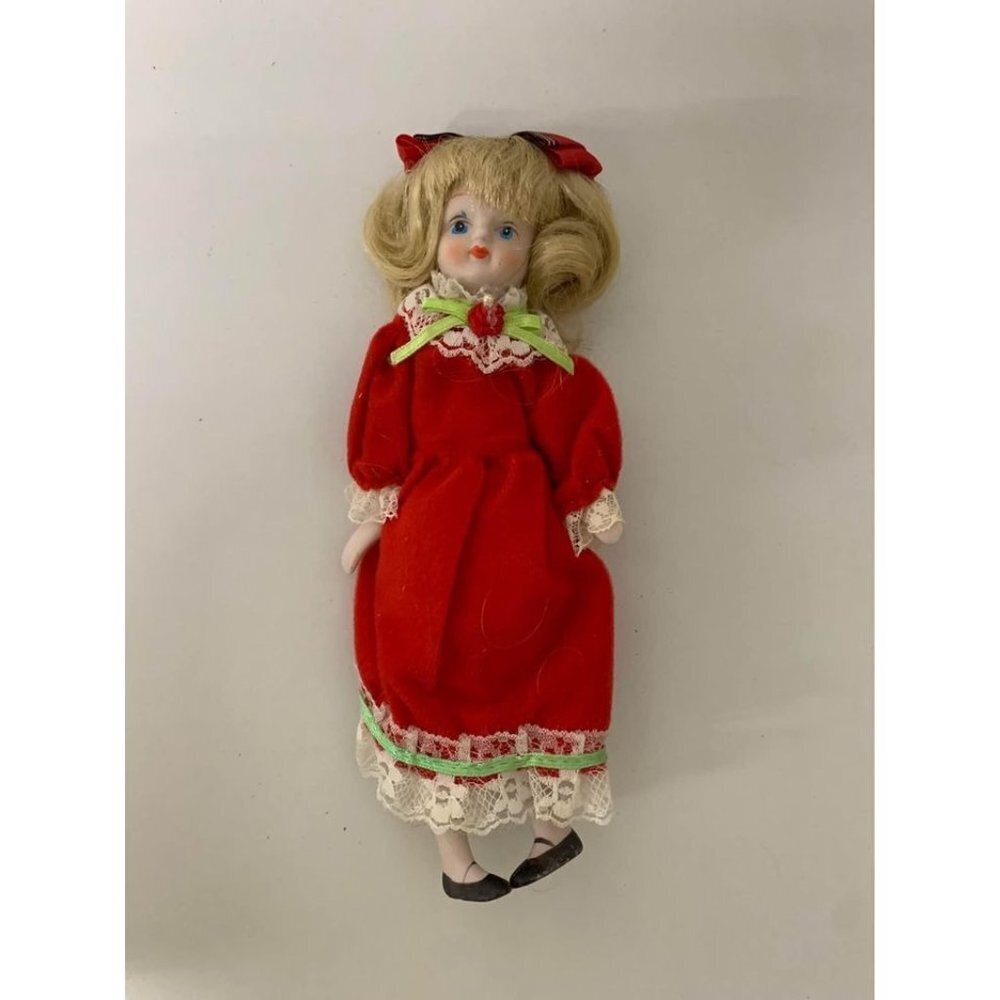 Vintage Mid Century Porcelain Doll 8 in Red Victorian Lace Trim Ball Gown Taiwan